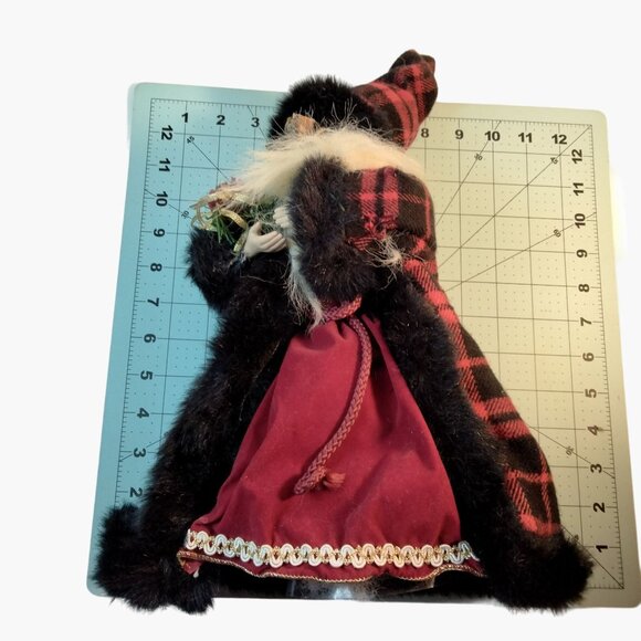 Santa Claus Figure Tree Topper Red Plaid Coat Faux Fur Brocade Trim Wood Scepter - Picture 3 of 9